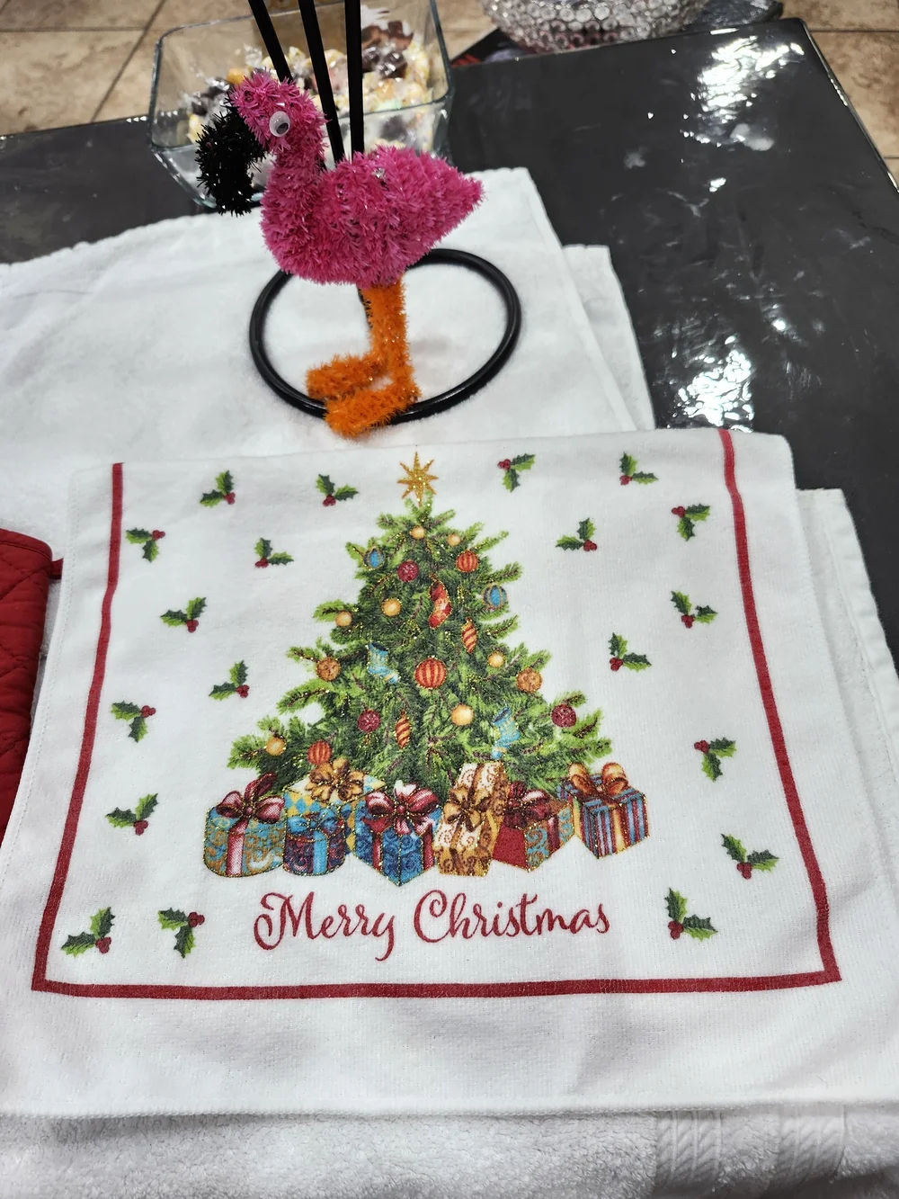 Christmas Kitchen Towel Set with Santa Ornament